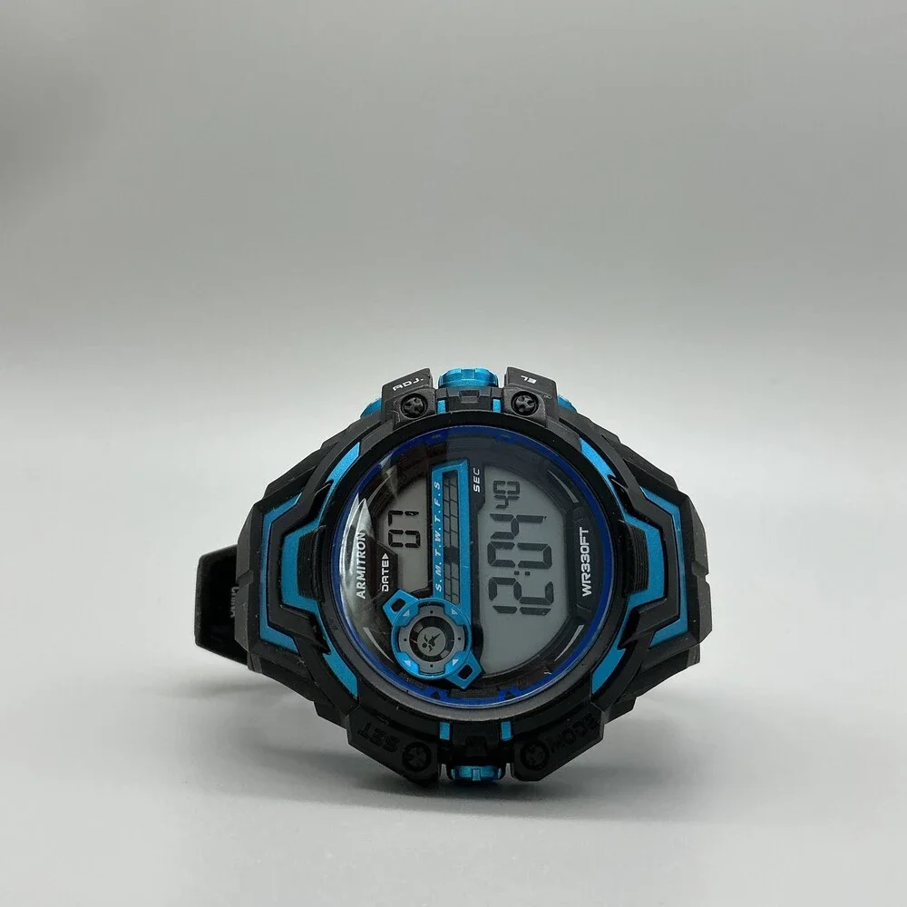 Armitron 40/8342 Mens Watch 53mm Digital Backlight Black Blue Resin New Battery